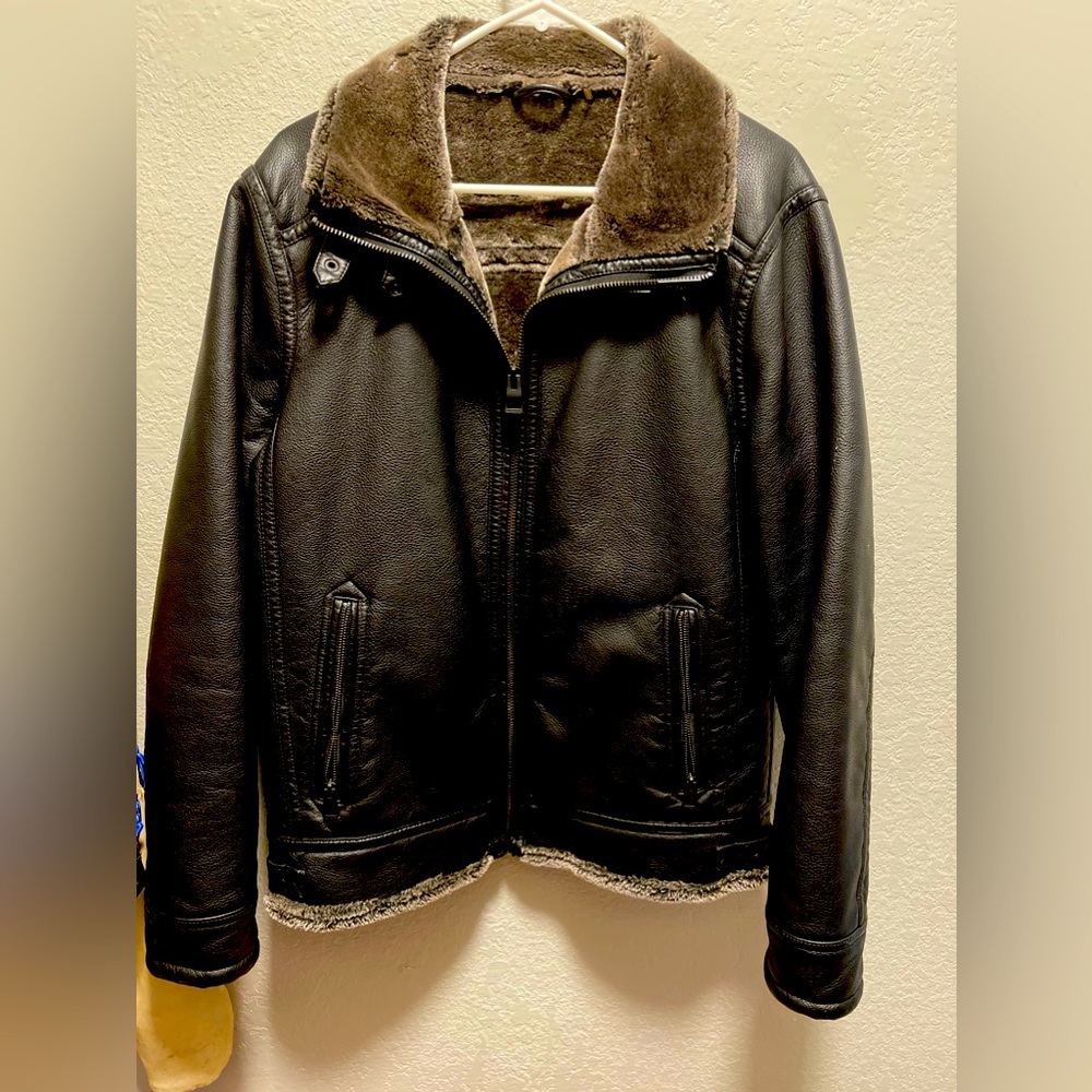 Guess Authentic Leather Faux Bunny Fur Lined Jacket